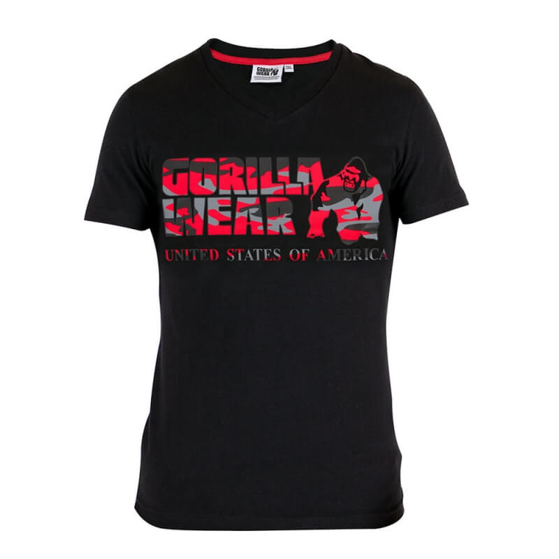 Sjekke Sacramento V-Neck T-Shirt, black/red, Gorilla Wear hos SportGymButikken.n